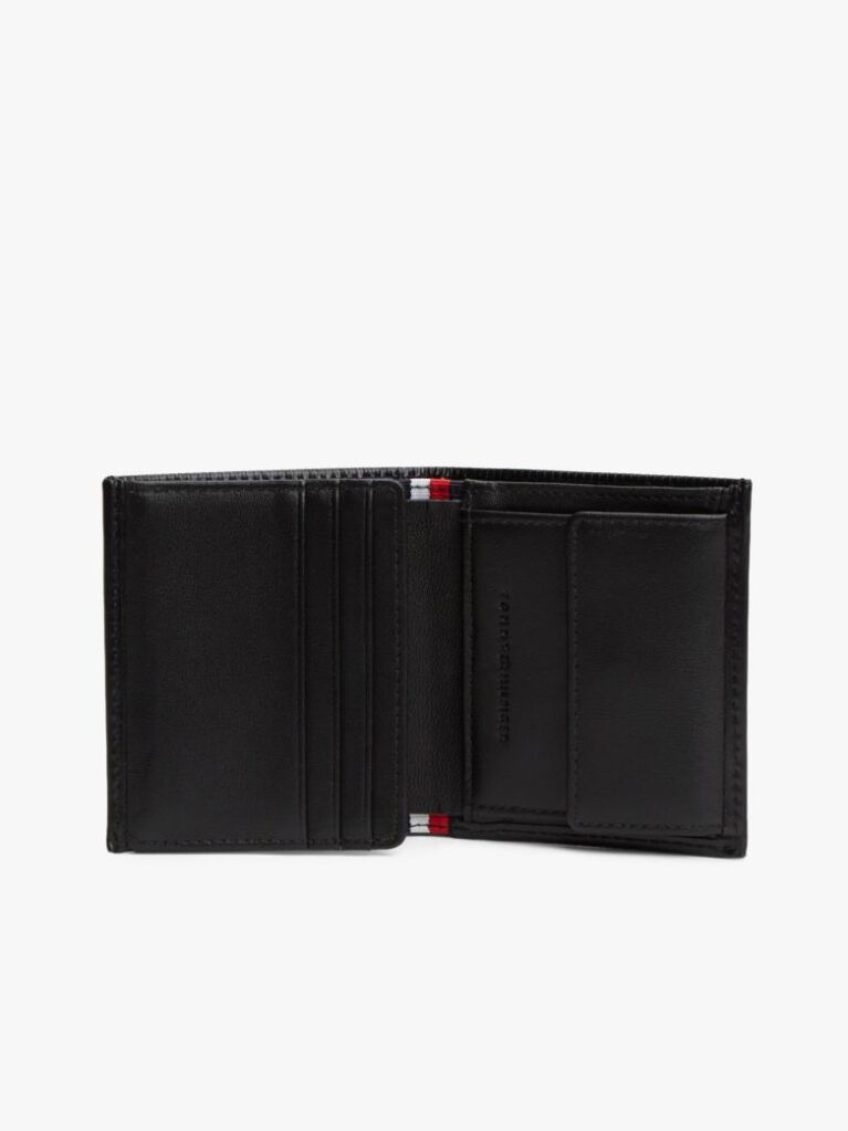 Black Hilfiger Flag Trifold Ribbed Leather Wallet  Men