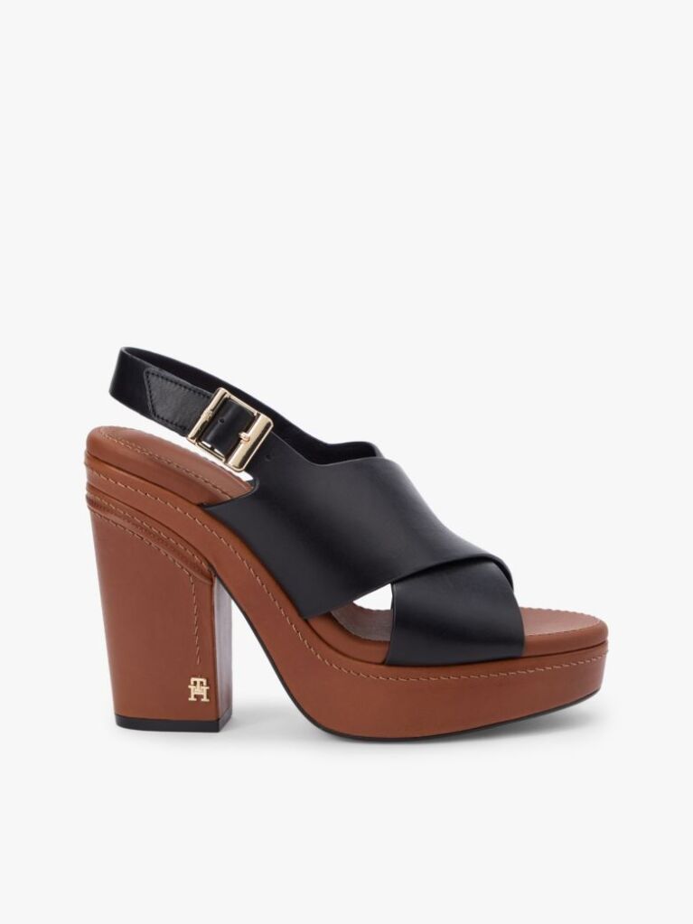 Black Leather Crossover Strap Block Heel Sandals  Women