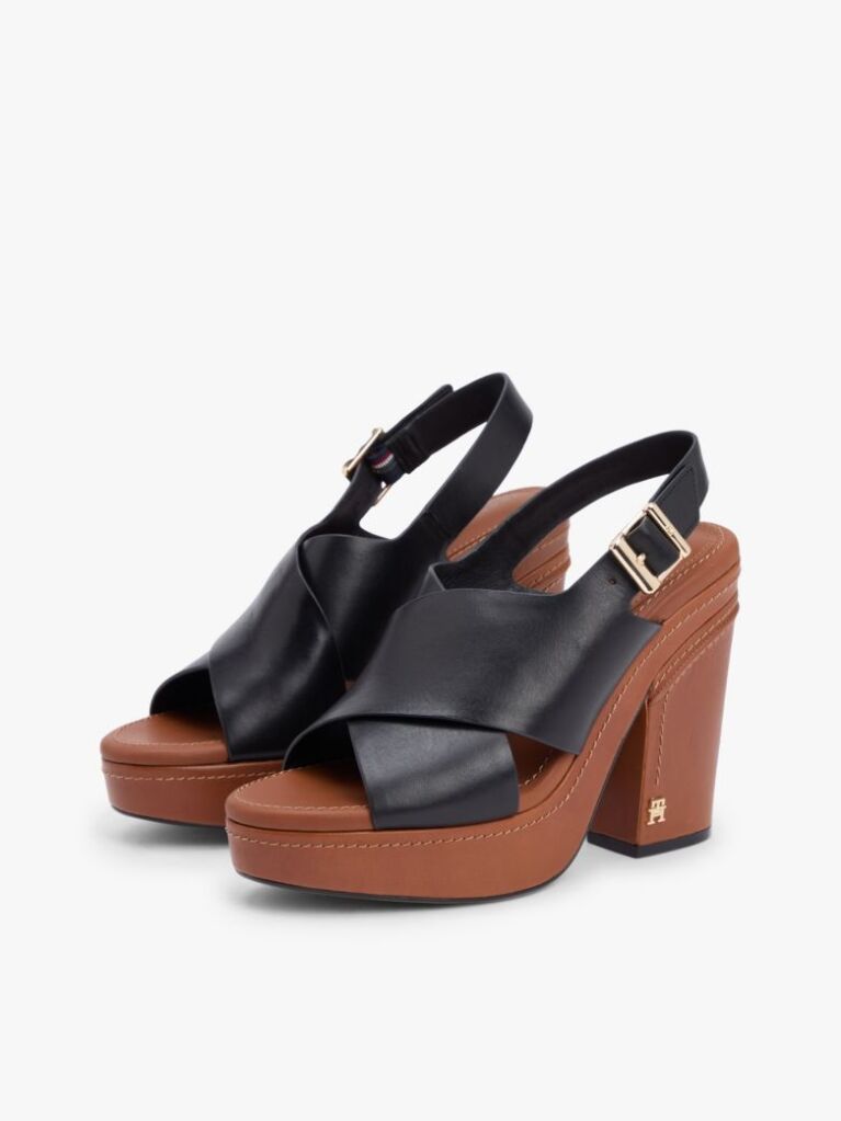 Black Leather Crossover Strap Block Heel Sandals  Women