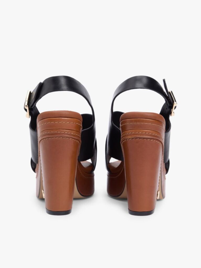 Black Leather Crossover Strap Block Heel Sandals  Women
