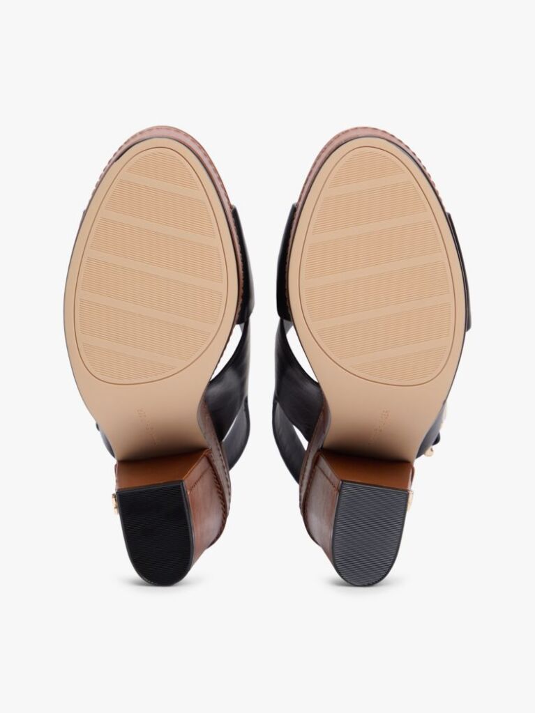 Black Leather Crossover Strap Block Heel Sandals  Women
