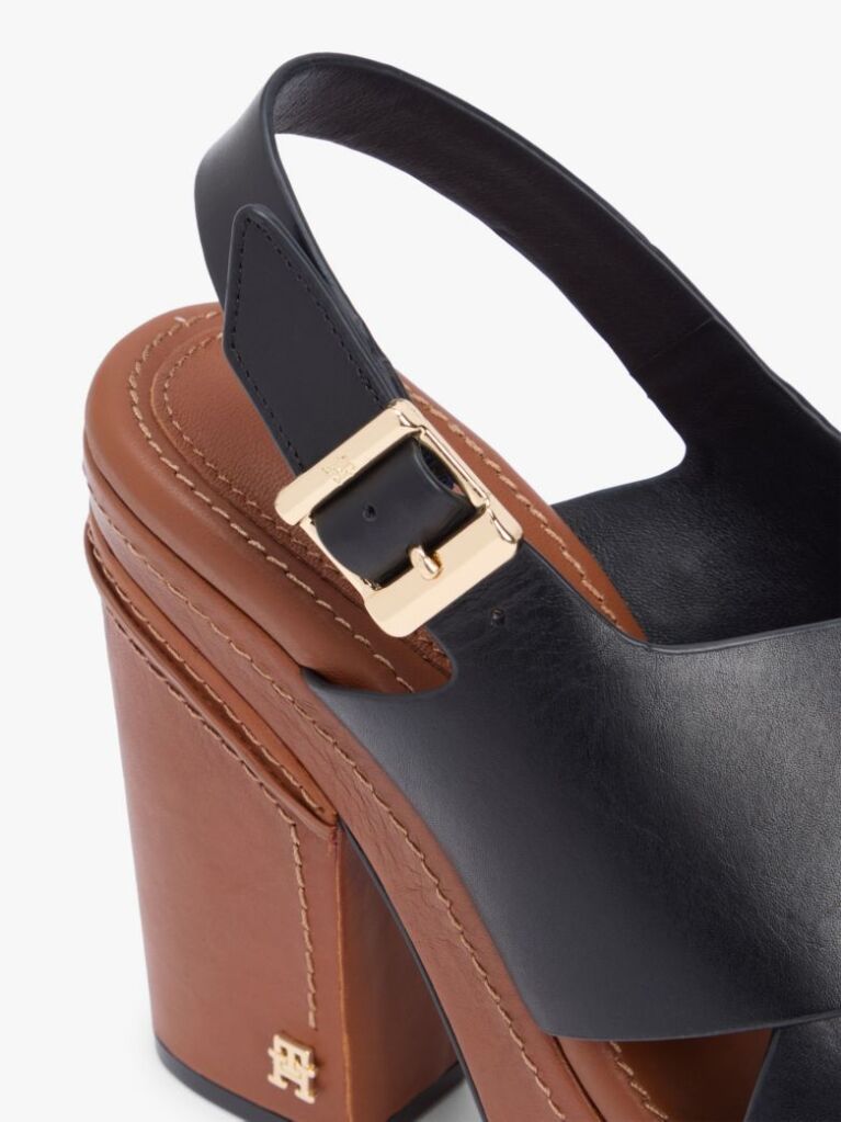 Black Leather Crossover Strap Block Heel Sandals  Women