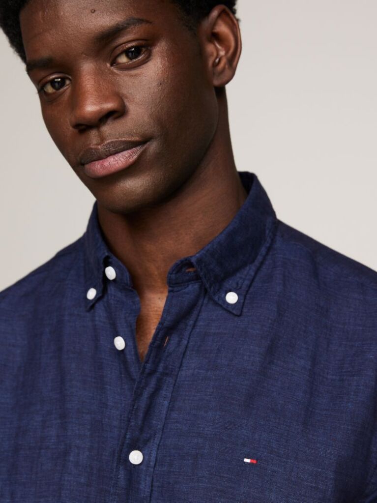 Blue Short Sleeve Regular Fit Linen Shirt  Men