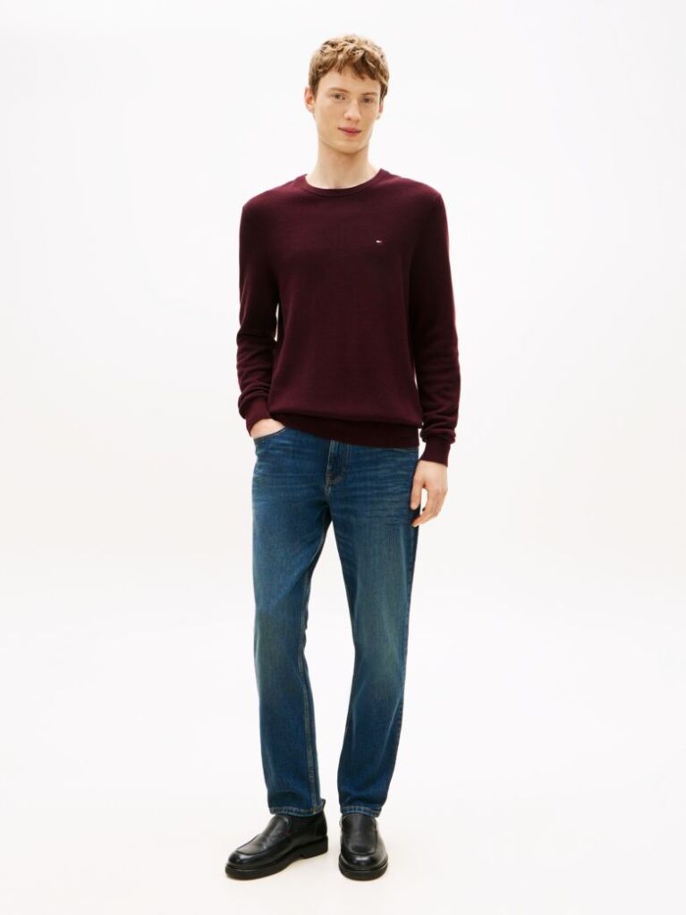 Red Crew Neck Textured Knit Jumper  Men