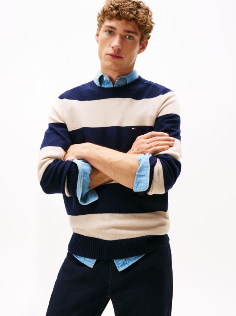 Multi Pure Lambswool Crew Neck Jumper  Men