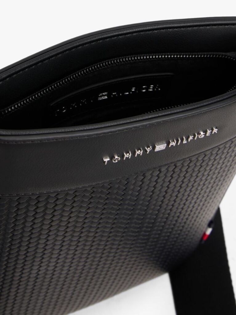 Black Metal Logo Woven Crossbody Bag  Men