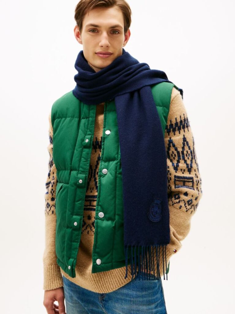 Blue TH Crest Fringed Scarf With Cashmere  Men