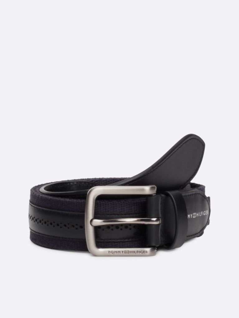 Black Leather And Webbing Casual Belt  Men