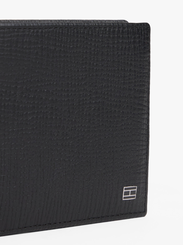 Black Hilfiger Flag Leather Card And Coin Bifold Wallet  Men