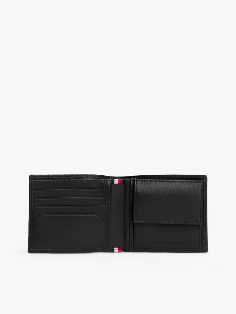 Black Hilfiger Flag Leather Card And Coin Bifold Wallet  Men