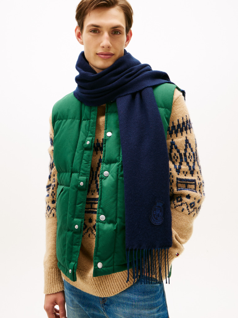 Blue TH Crest Fringed Scarf With Cashmere  Men
