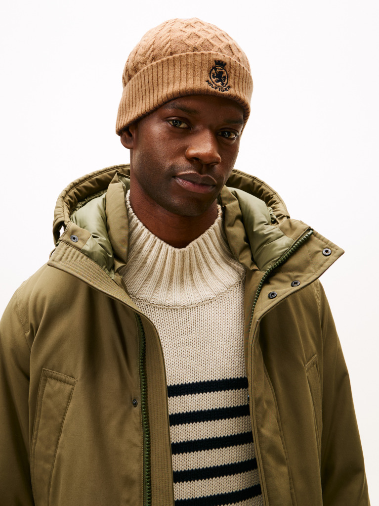 Brown TH Crest Cable Knit Beanie  Men