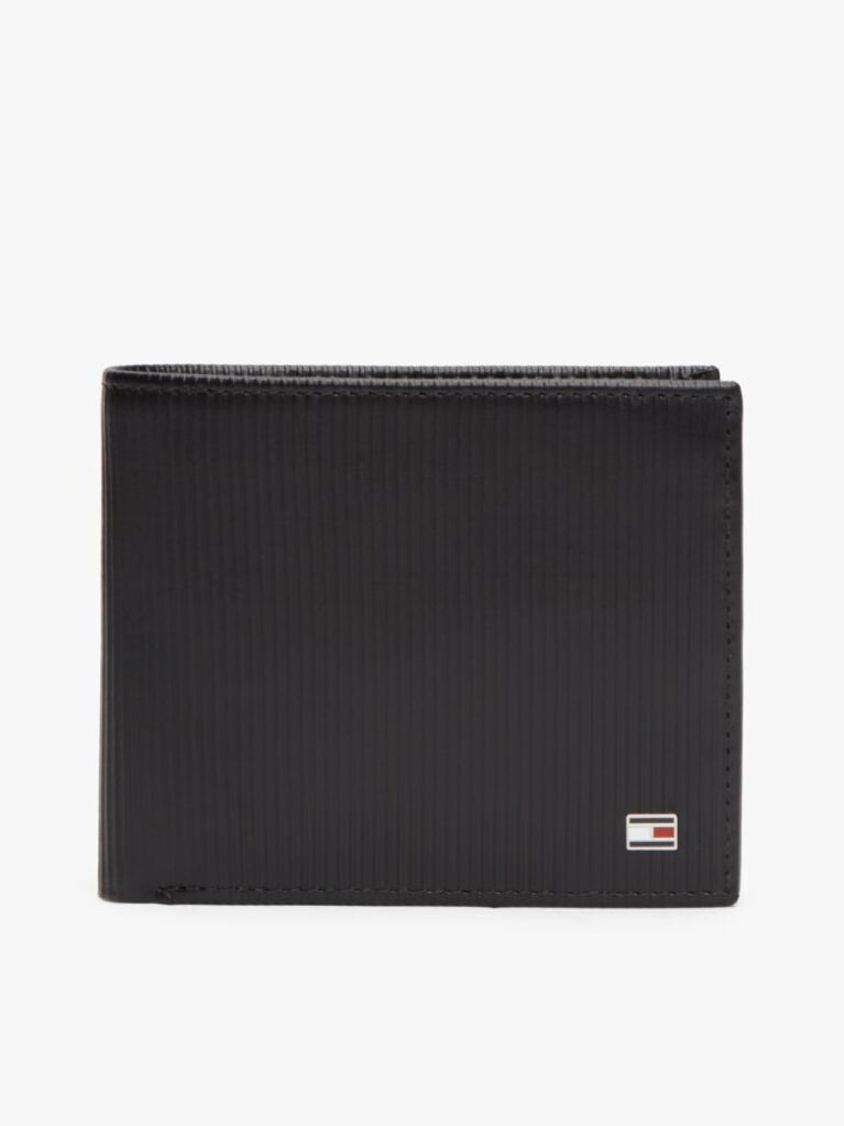 Black Hilfiger Flag Ribbed Leather Flap Wallet  Men
