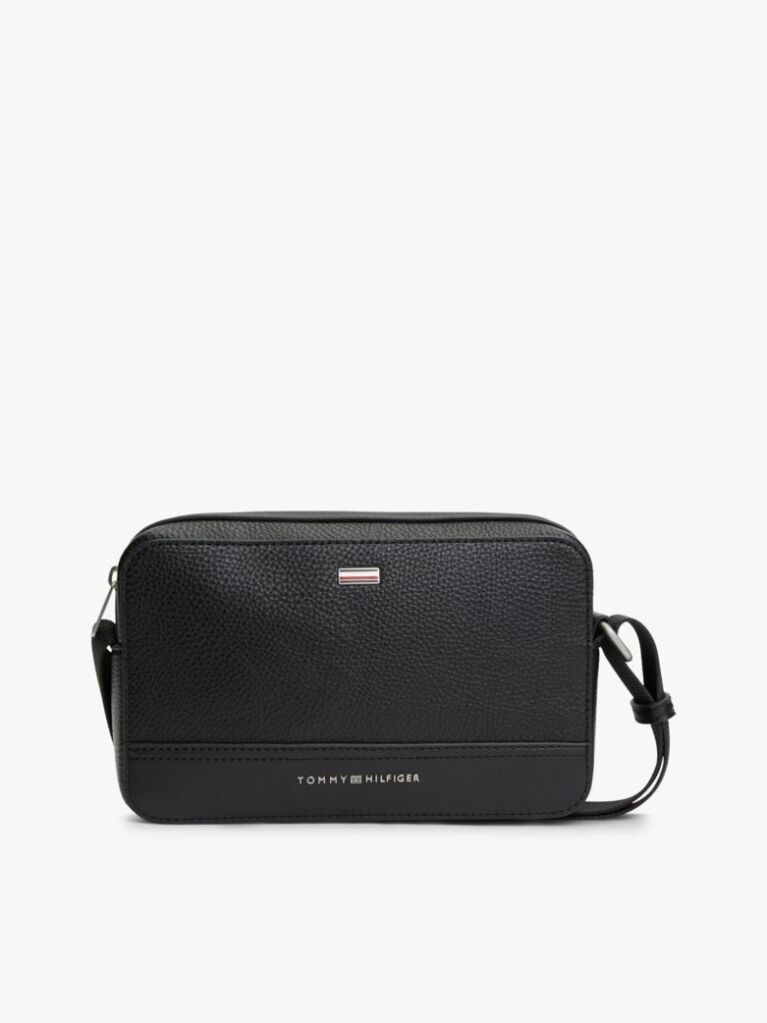Black Signature Tape Plaque Crossbody Reporter Bag  Men
