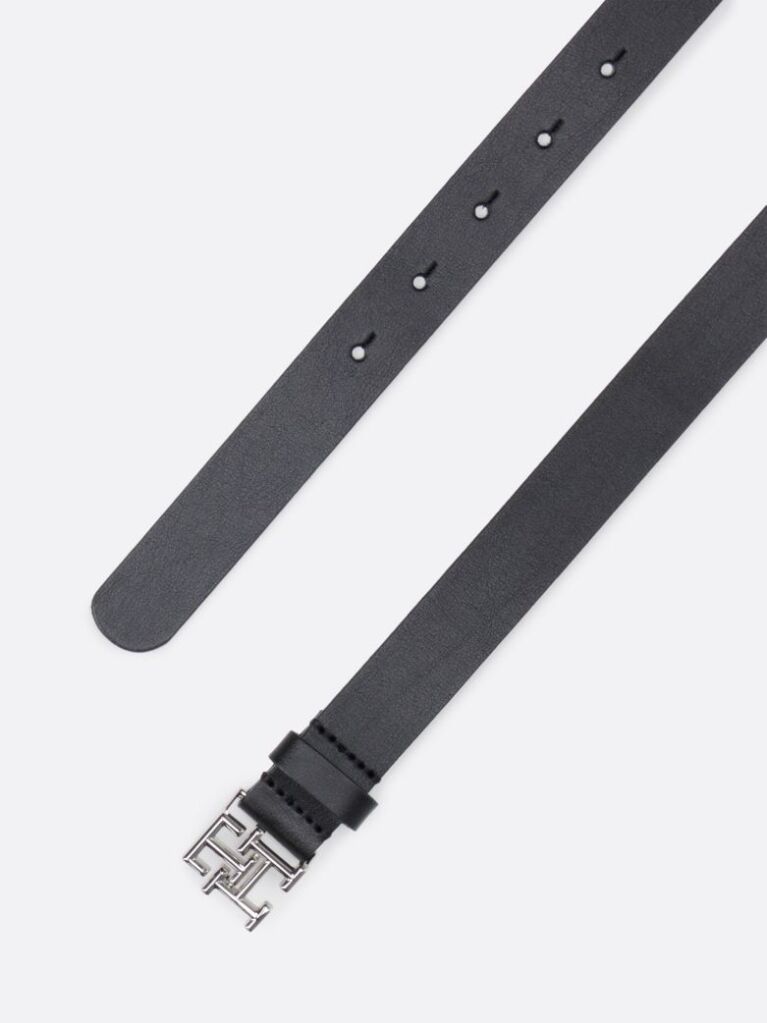 Black TH Emblem Plaque Leather Belt  Women