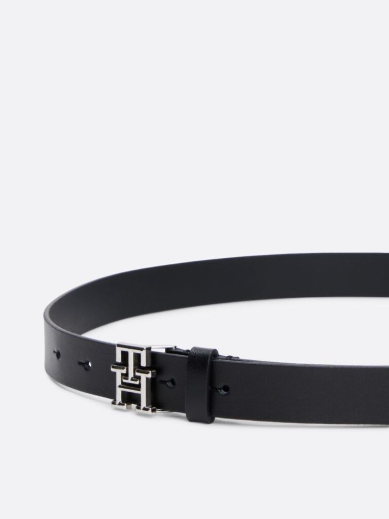 Black TH Emblem Plaque Leather Belt  Women
