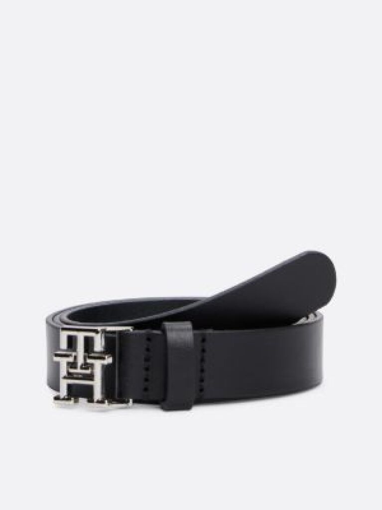 Black TH Emblem Plaque Leather Belt  Women