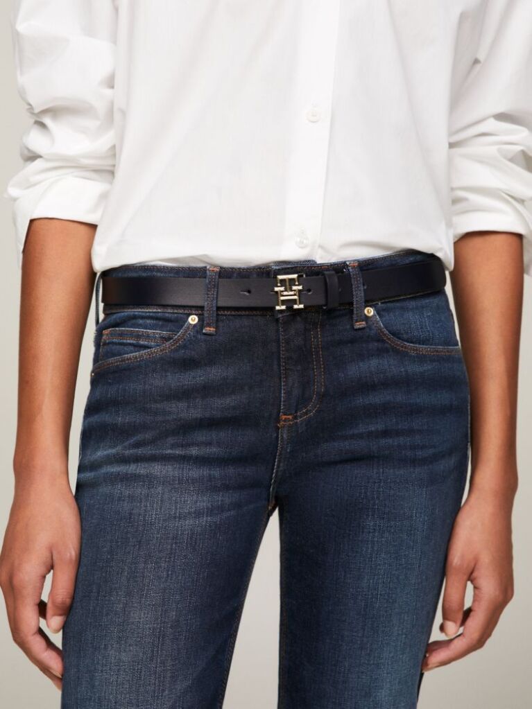 Blue TH Emblem Plaque Leather Belt  Women