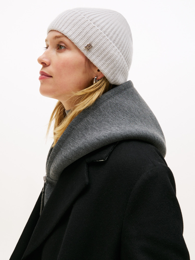 Grey Pure Cashmere Rib-Knit Beanie  Women