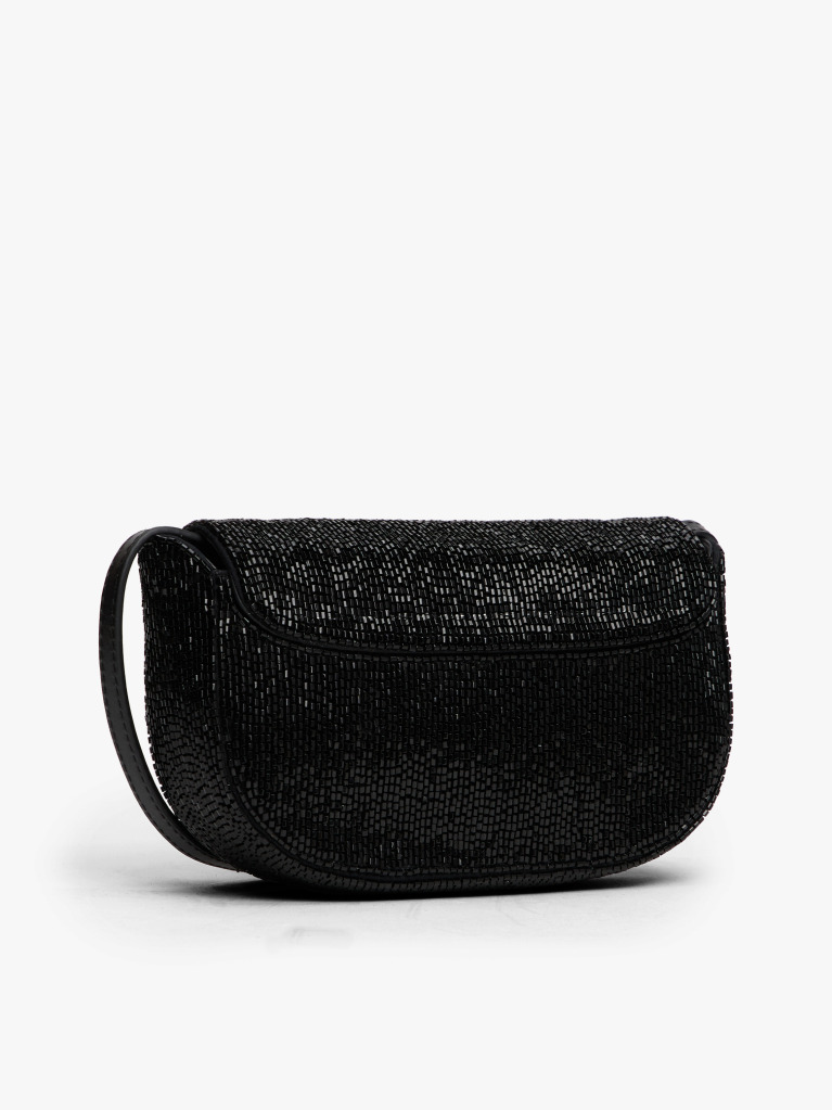 Black Beaded Leather Crossbody Bag  Women