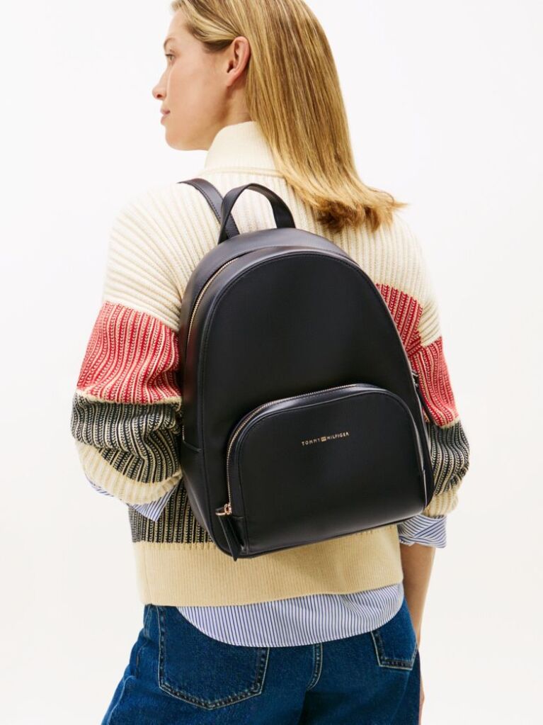 Black Metallic Logo Pebble Grain Backpack  Women