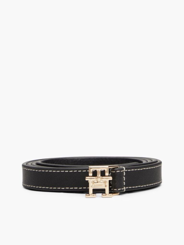 Black Leather TH Monogram Plaque Buckle Belt  Women