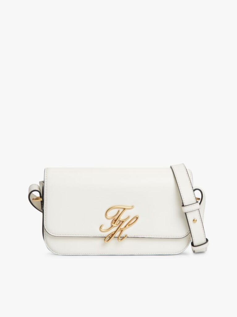 White Leather Flap Logo Plaque Crossbody Bag  Women