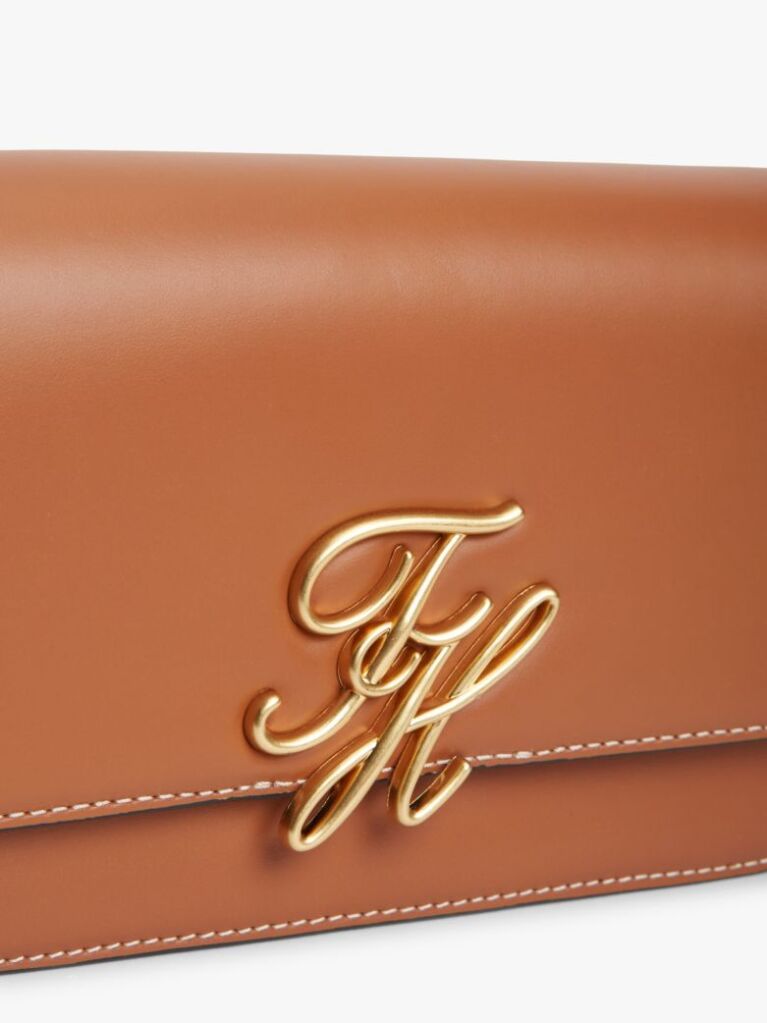Brown Leather Flap Logo Plaque Crossbody Bag  Women