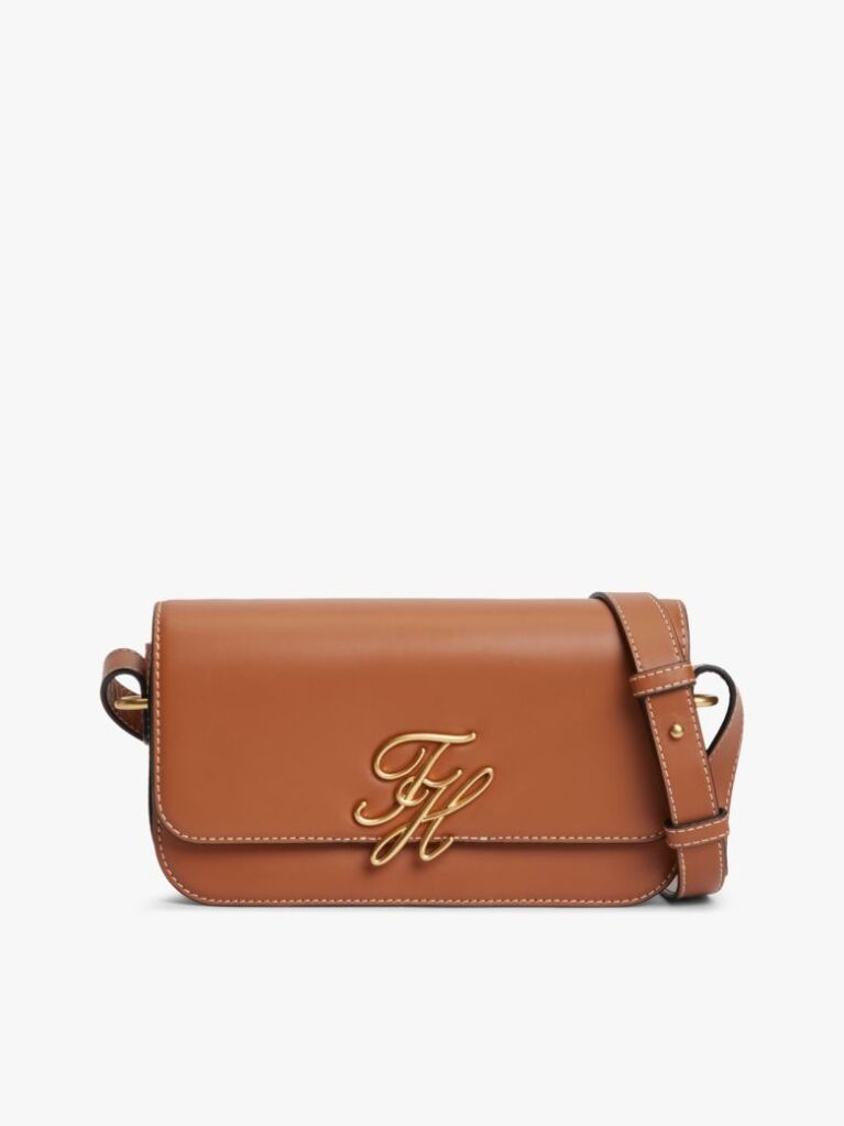 Brown Leather Flap Logo Plaque Crossbody Bag  Women
