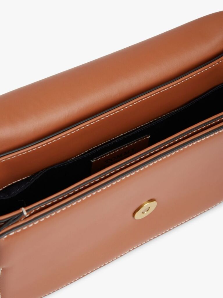 Brown Leather Flap Logo Plaque Crossbody Bag  Women