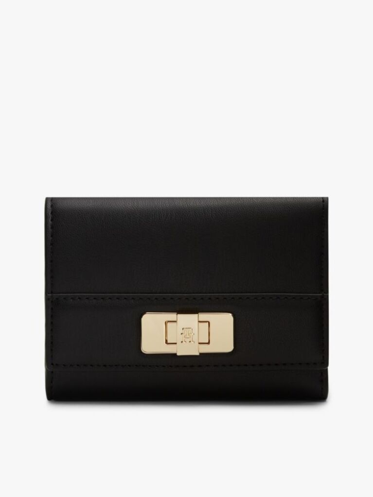 Black Modern TH Monogram Turn Lock Trifold Wallet  Women
