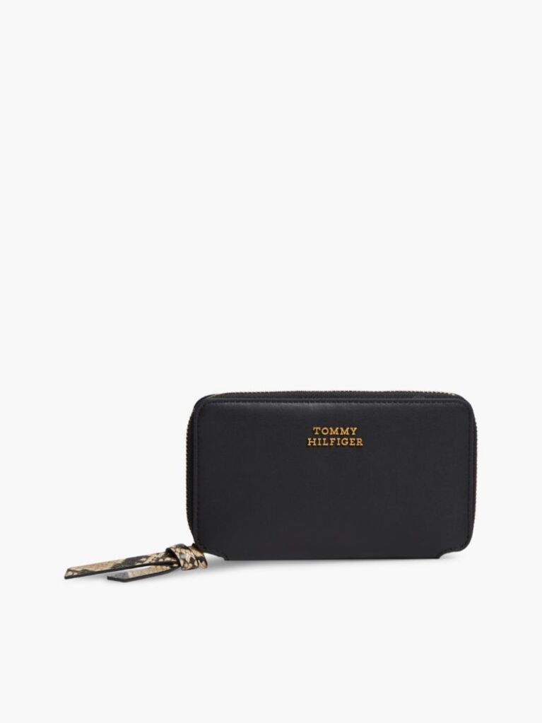 Black Leather Metal Logo Zip-Around Wallet  Women