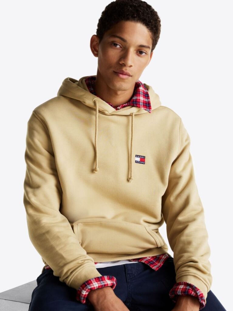 Khaki Tommy Badge Drawstring Hoody  Men