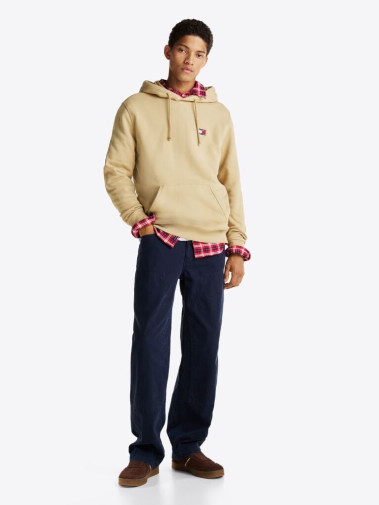 Khaki Tommy Badge Drawstring Hoody  Men