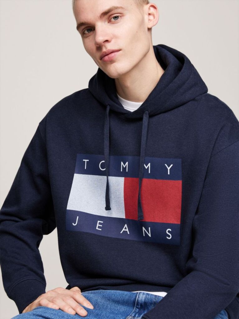 Blue Tommy Flag Badge Mélange Relaxed Hoody  Men