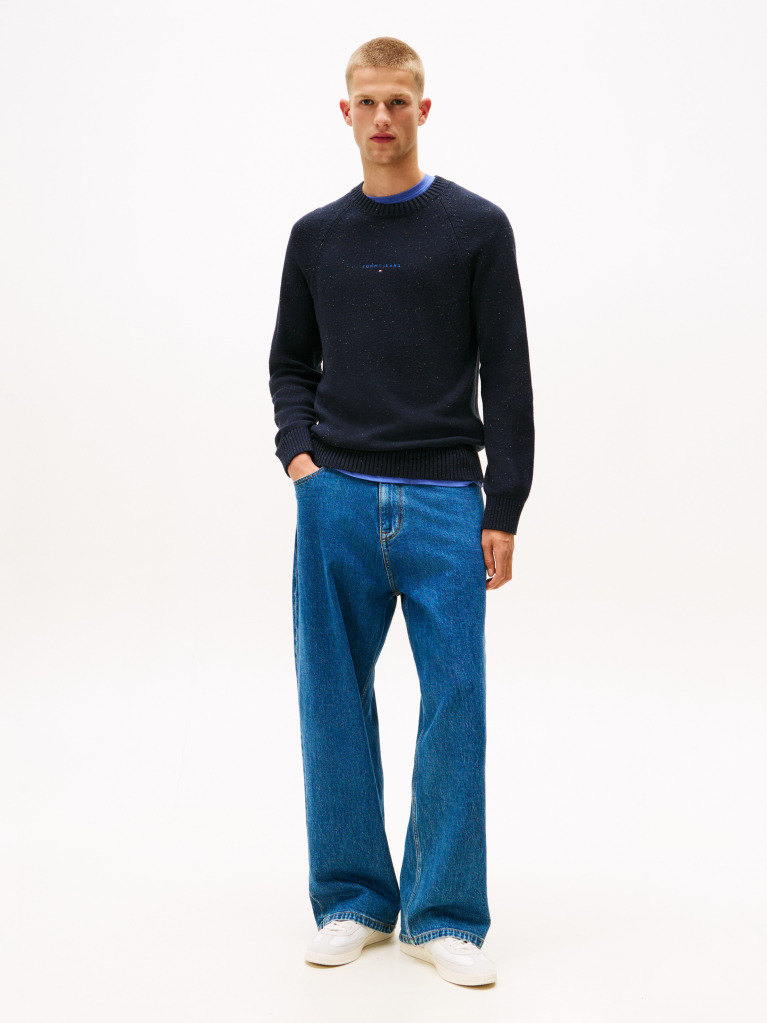 Blue Linear Logo Raglan Sleeve Slim Jumper  Men