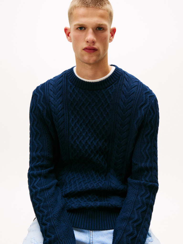 Blue Tommy Badge Cable Knit Slim Jumper  Men