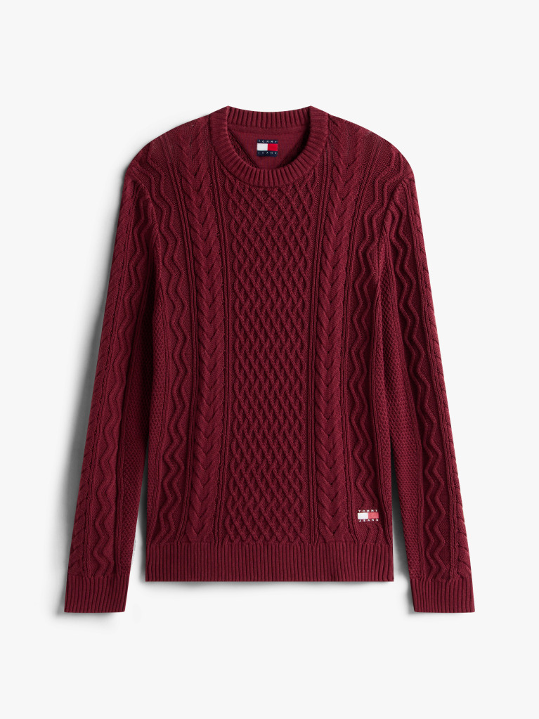 Red Tommy Badge Cable Knit Slim Jumper  Men