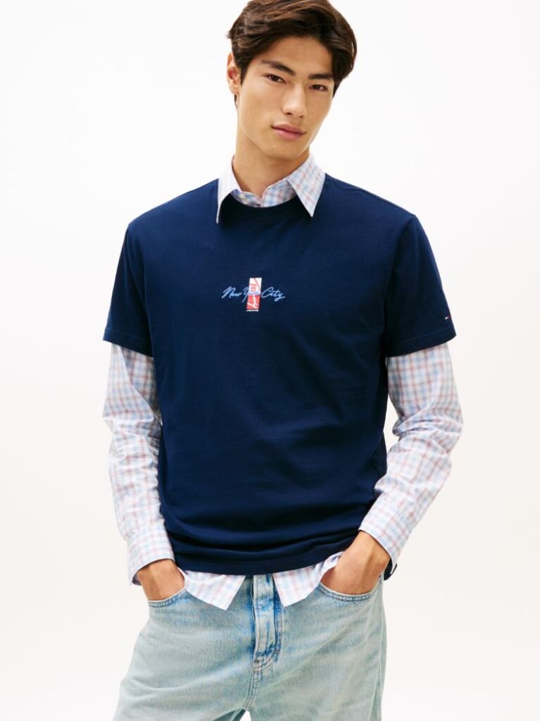 Blue Signature Logo Embroidery Crew Neck T-Shirt  Men