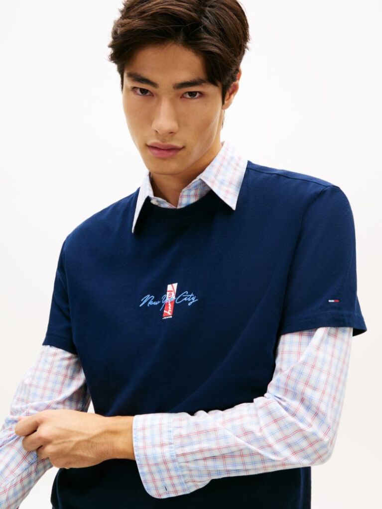 Blue Signature Logo Embroidery Crew Neck T-Shirt  Men