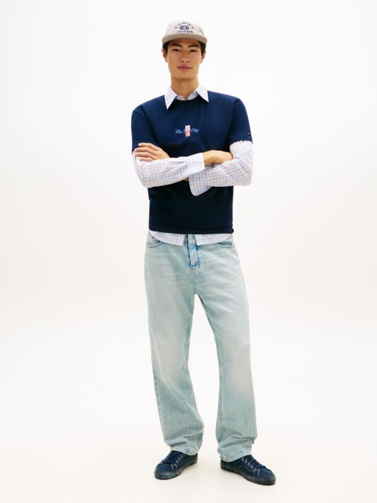 Blue Signature Logo Embroidery Crew Neck T-Shirt  Men