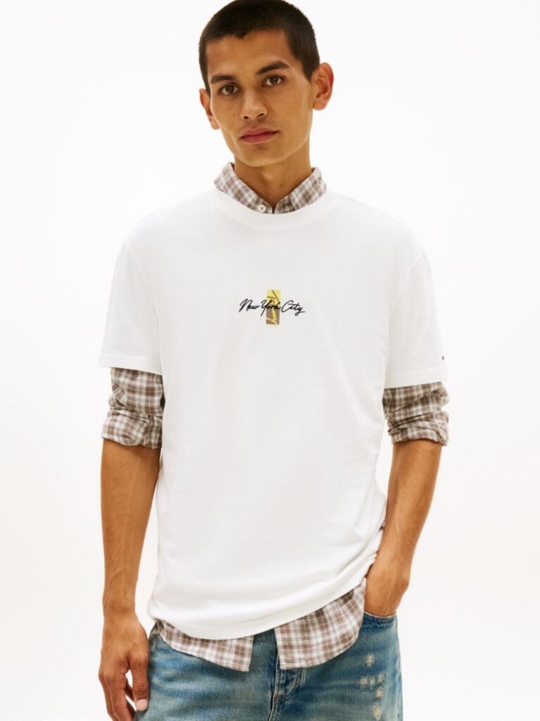 White Signature Logo Embroidery Crew Neck T-Shirt  Men