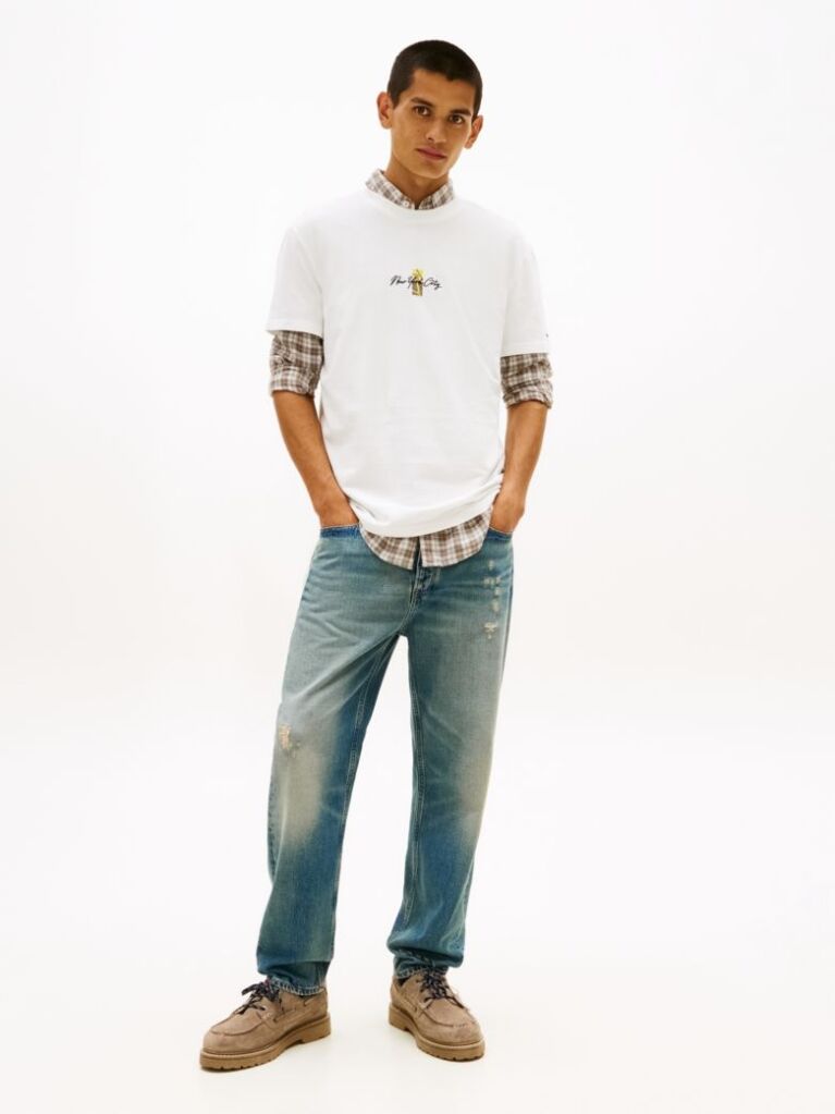 White Signature Logo Embroidery Crew Neck T-Shirt  Men