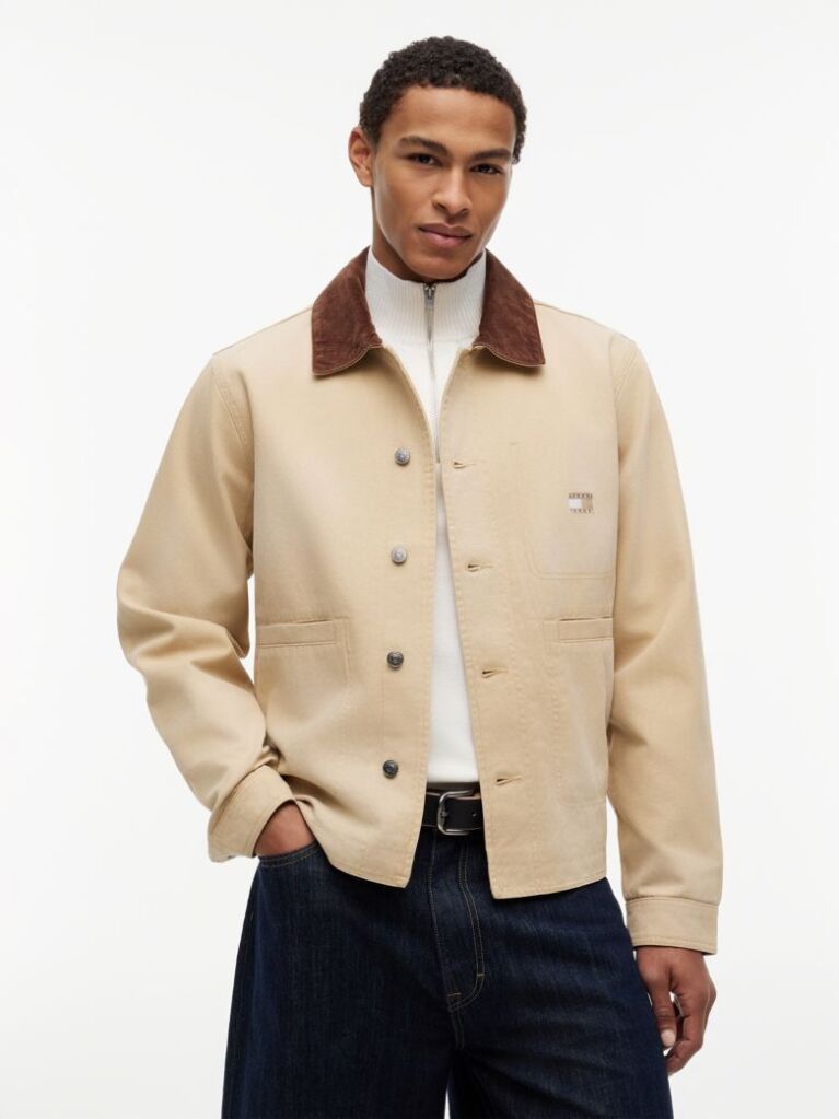 Beige Contrast Collar Canvas Chore Jacket  Men
