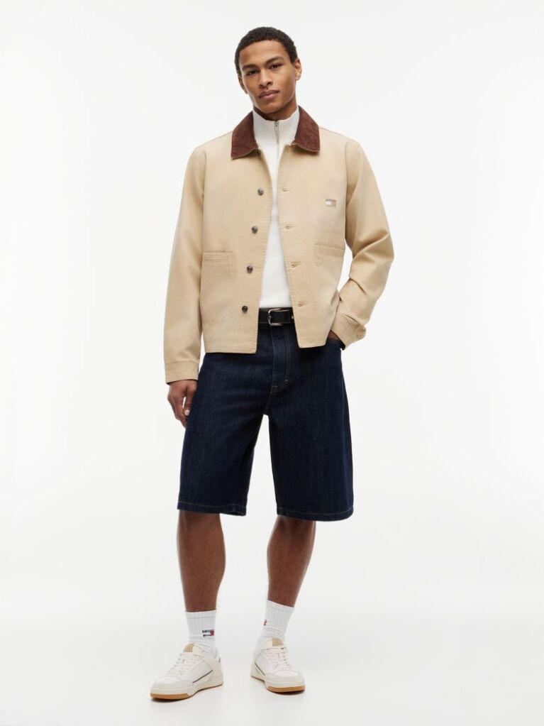 Beige Contrast Collar Canvas Chore Jacket  Men