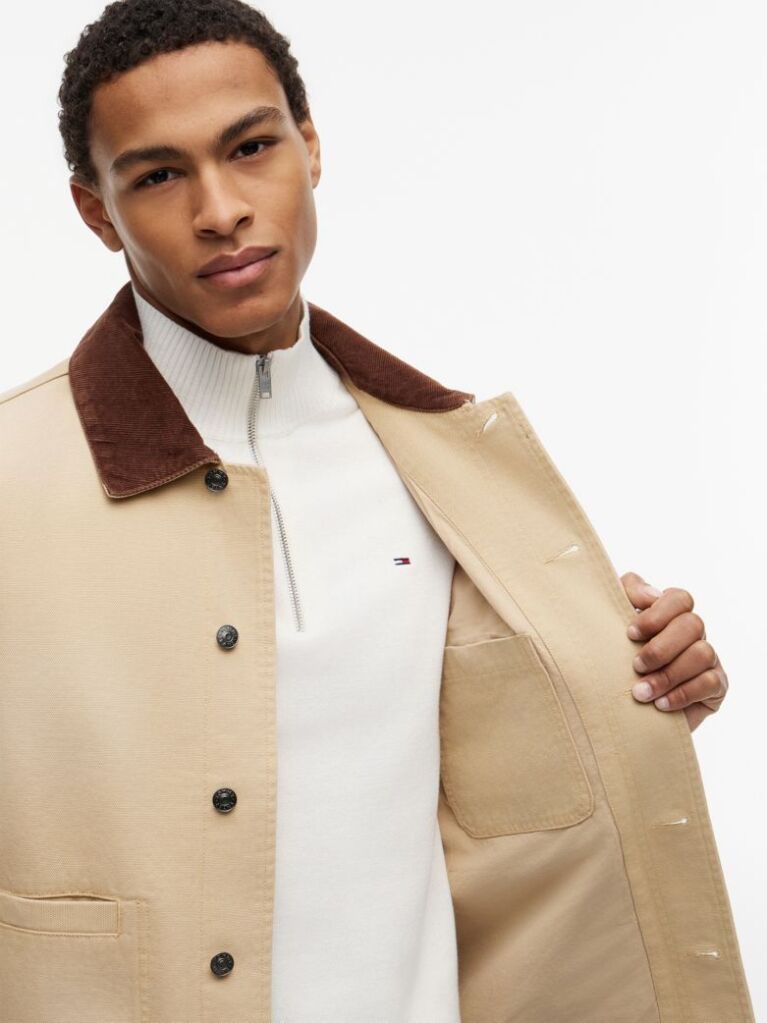Beige Contrast Collar Canvas Chore Jacket  Men