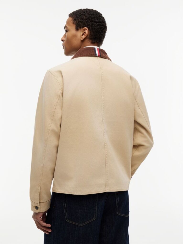 Beige Contrast Collar Canvas Chore Jacket  Men