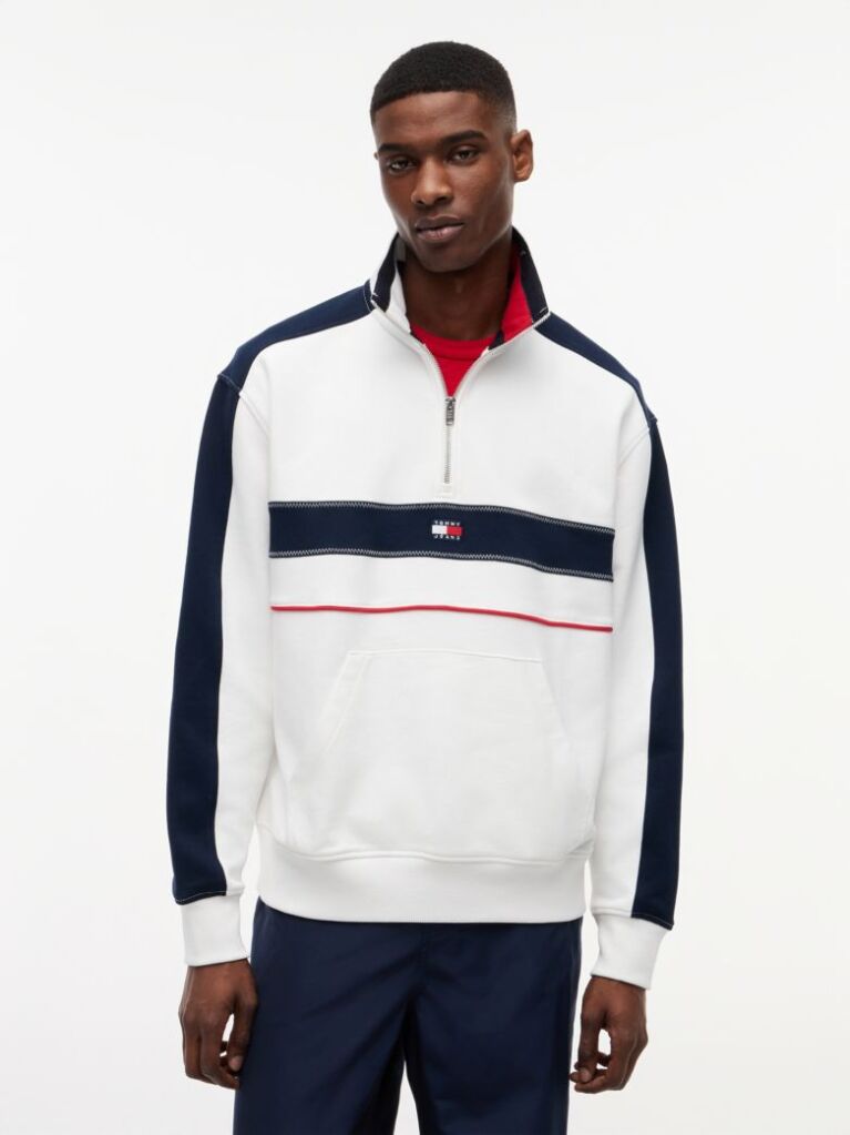 White Colour-Blocked Quarter-Zip Relaxed Sweatshirt  Men