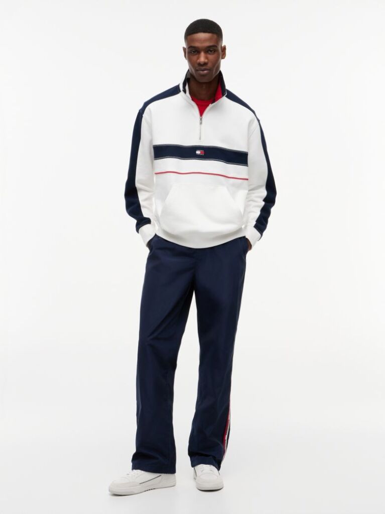 White Colour-Blocked Quarter-Zip Relaxed Sweatshirt  Men