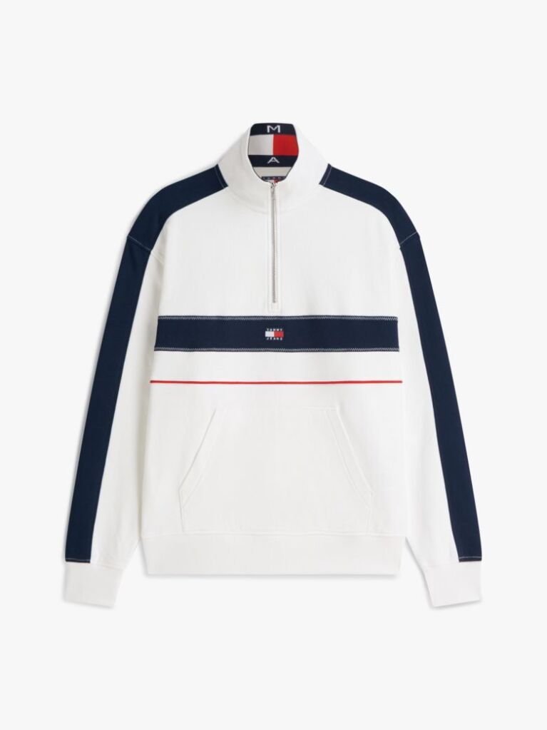 White Colour-Blocked Quarter-Zip Relaxed Sweatshirt  Men